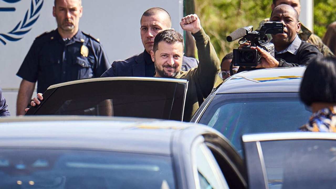 Ukrainian President Volodymyr Zelensky gestures as he leaves the International Criminal Court in The Hague, on May 4, 2023, as part of his first visit to the Netherlands. - Ukrainian President Volodymyr Zelensky is visiting The Hague on May 4, 2023 and will meet with the leadership of the International Criminal Court. Credit: AFP Photo