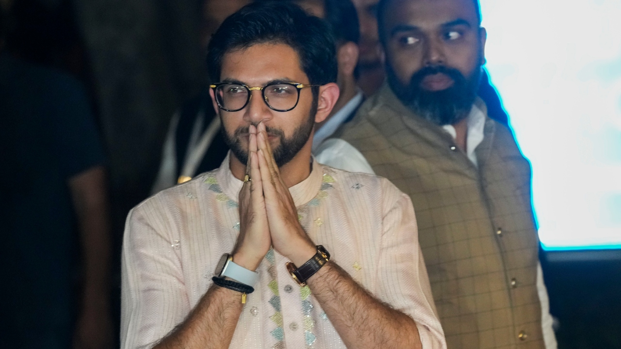 Shiv Sena leader Aaditya Thackeray entered the event with folded hands as he greeted the paps.: PTI Photo