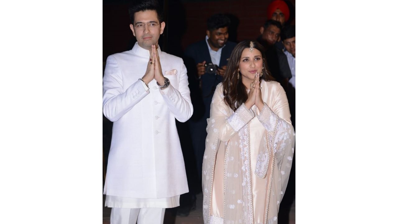 Aam Aadmi Party (AAP) leader Raghav Chadha and actor Parineeti Chopra got engaged in a private ceremony attended by family members and political leaders at the Central Delhi's Kapurthala House on May 13, 2023. Credit: IANS Photo