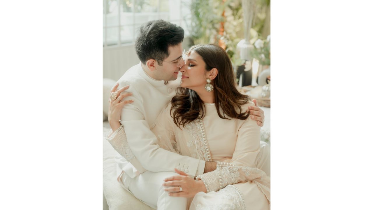 Aam Aadmi Party leader Raghav Chadha got engaged to Bollywood actor Parineeti Chopra in a private ceremony attended by family members and political leaders at the Kapurthala House in New Delhi on May 13, 2023. Credit: Instagram/@parineetichopra