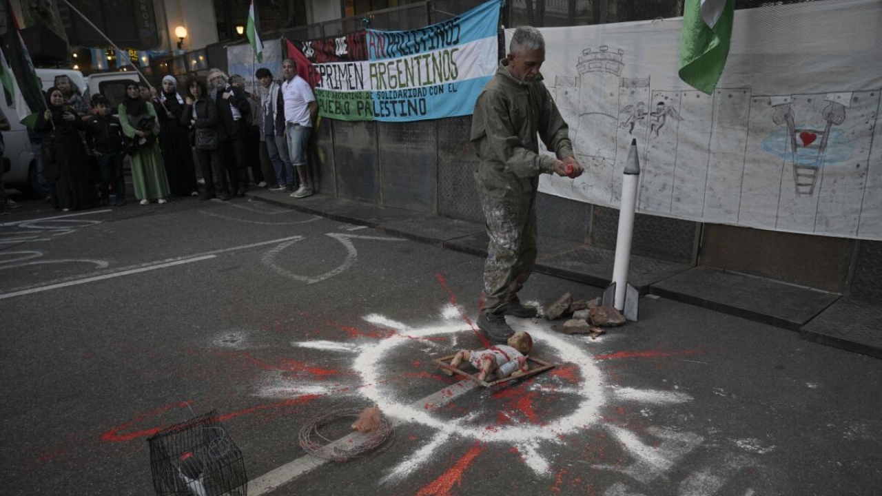 Members of social organizations and human rights activists take part in a pro-Palestinian demonstration staged in front of the Israeli embassy in Buenos Aires, on May 15, 2023, during heightened tensions in the Israeli-Palestinian conflict. Credit: AFP Photo