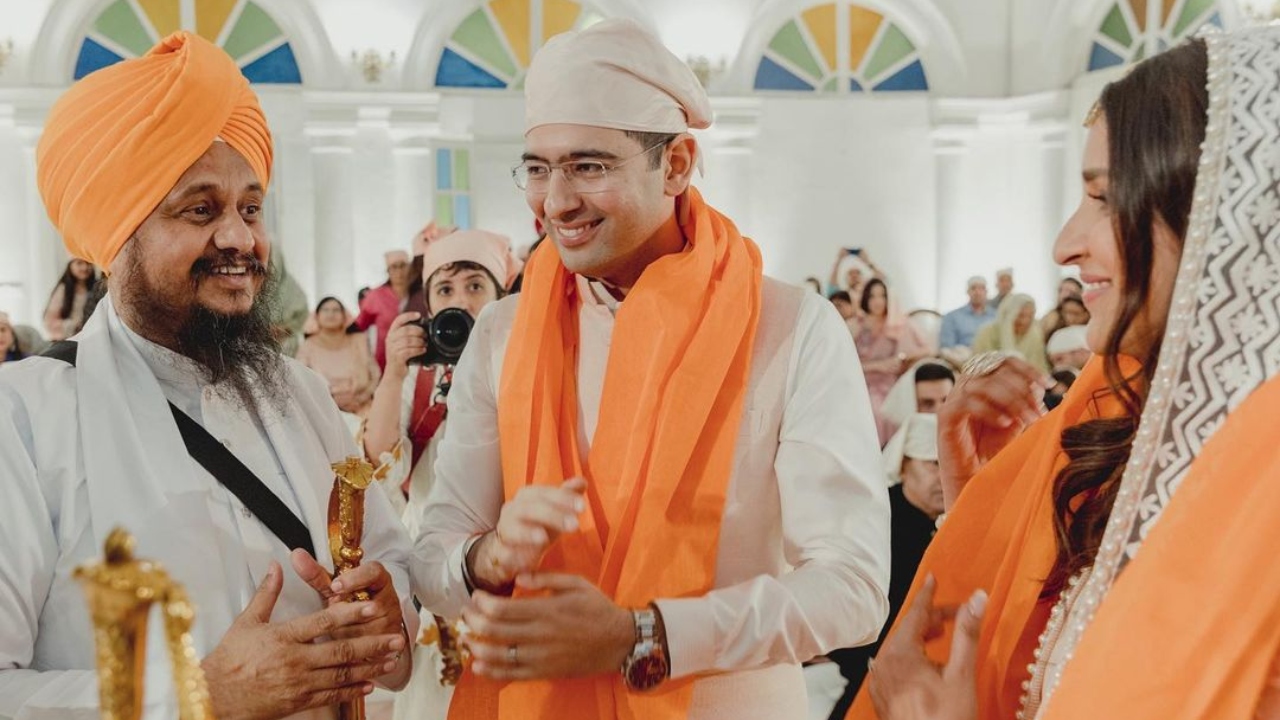 Raghav and Parineeti during their engagement ceremony. Credit: Instagram/@raghavchadha88