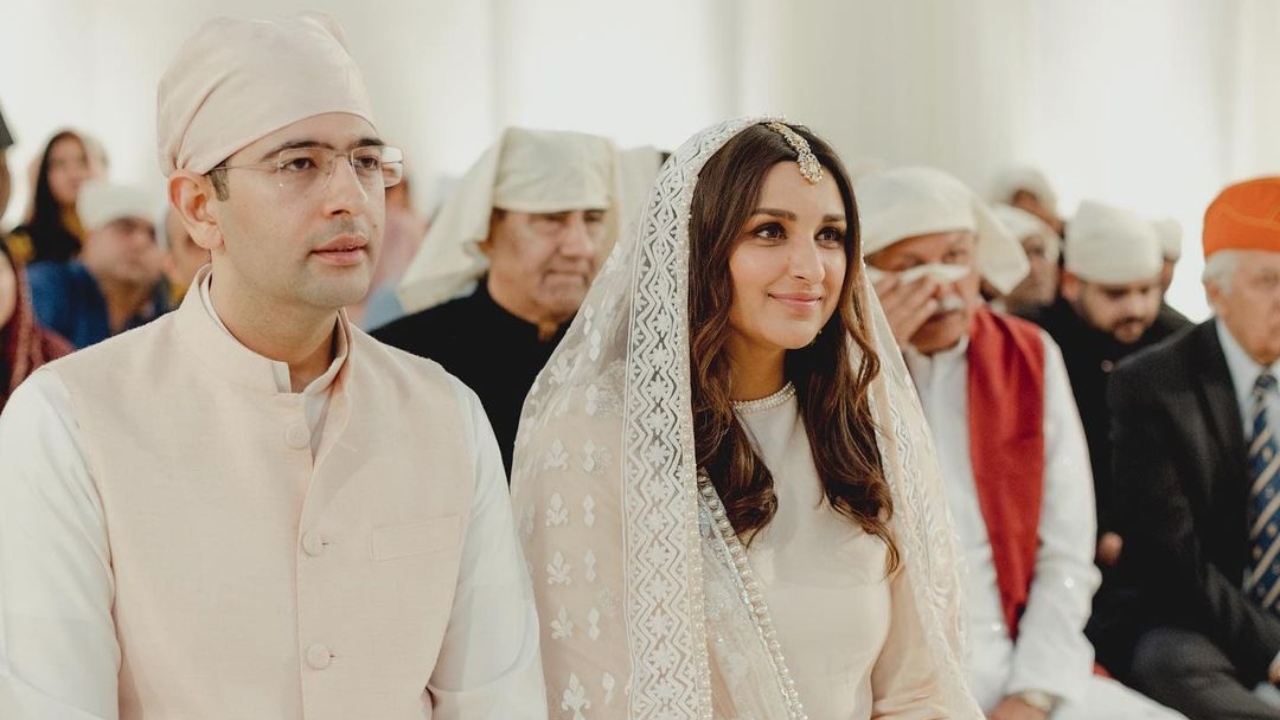 In one of the pictures, Parineeti's father Pawan Chopra was seen getting emotional. Credit: Instagram/@raghavchadha88