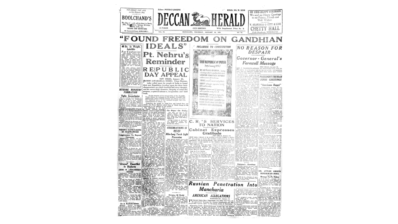 The founding of the Republic, with the adoption of the Constitution on January 26, 1950. The Preamble of the Constitution, with its promise of Justice, Liberty, Equality, and Fraternity for all, featured  prominently on the top of the DH front page.