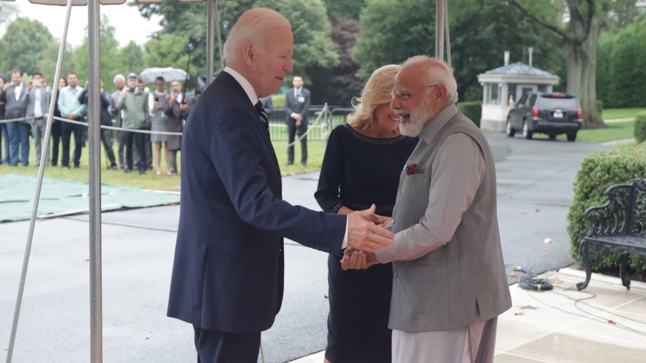 Modi was received in the South Portico of the White House by President Biden and the First Lady. Credit: PTI Photo