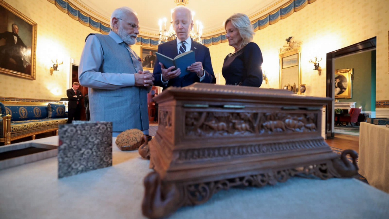 Prime Minister Modi presented US President Joe Biden with a special sandalwood box, handcrafted by a master craftsman from Jaipur. Credit: PTI Photo