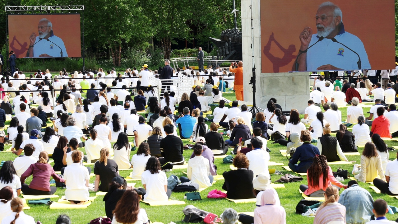 LED screens playing videos of Indian culture and heritage were set up on the lawn. Credit: Reuters Photo