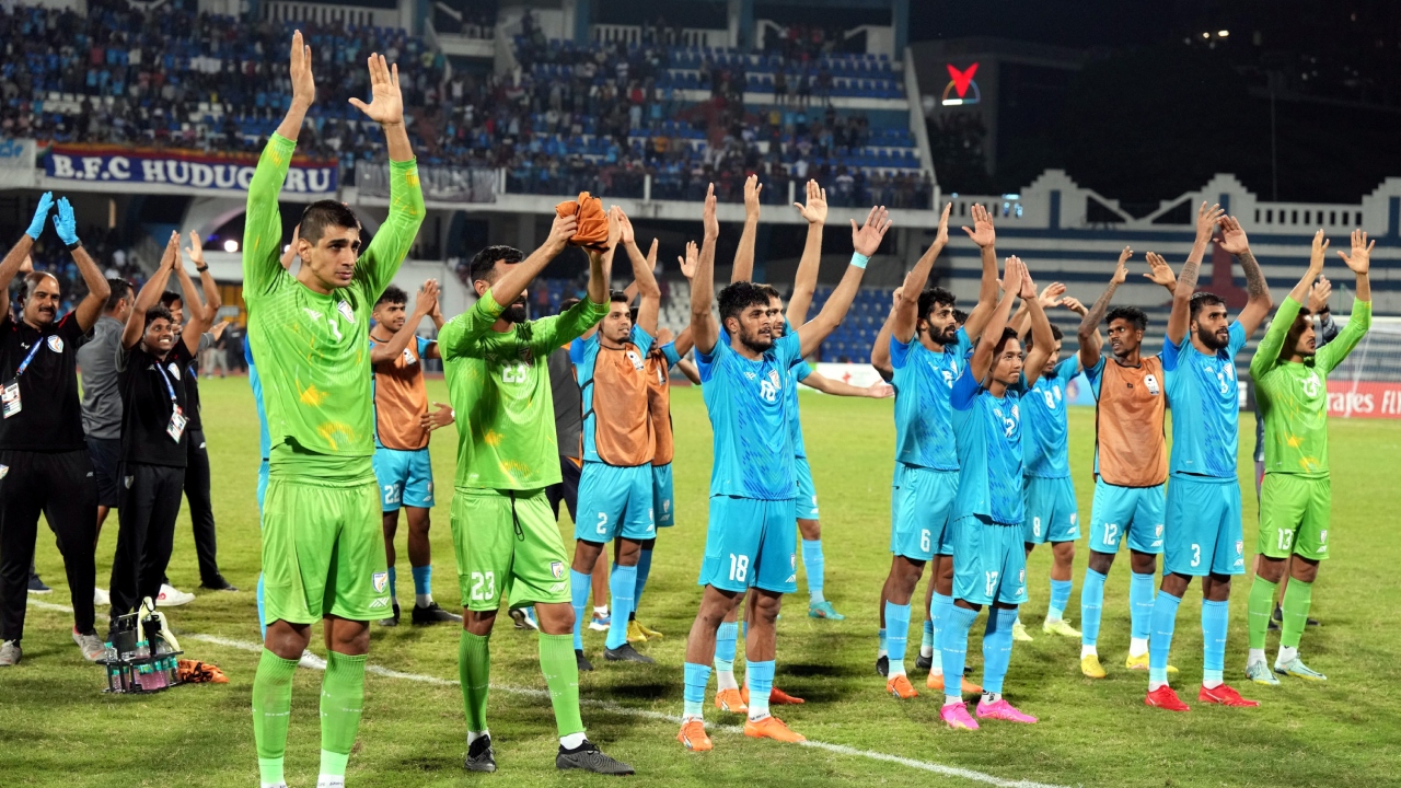 Indian players celebrate after they won in penalty shoot out during the 2nd semifinal of SAFF Championship 2023 between India vs Lebanon at Kanteerava Stadium in Bengaluru. Credit: PTI Photo