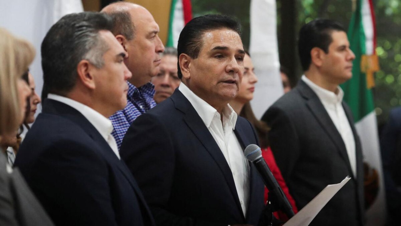 Silvano Aureoles, former governor of the Mexican state of Michoacan, speaks with supporters and local media after he registered for the Frente Amplio por Mexico opposition alliance's candidacy for the 2024 presidential election, at the headquarters of the Institutional Revolutionary Party (PRI) in Mexico City, Mexico July 6, 2023. Credit: Reuters Photo