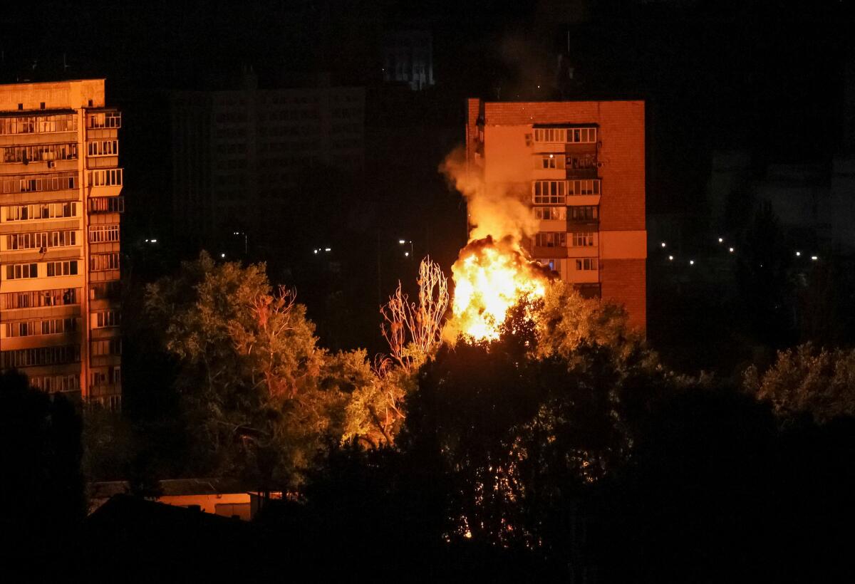 A view of an explosion of a drone in the city during a Russian drone strike in Kyiv. Credit: Reuters Phoot