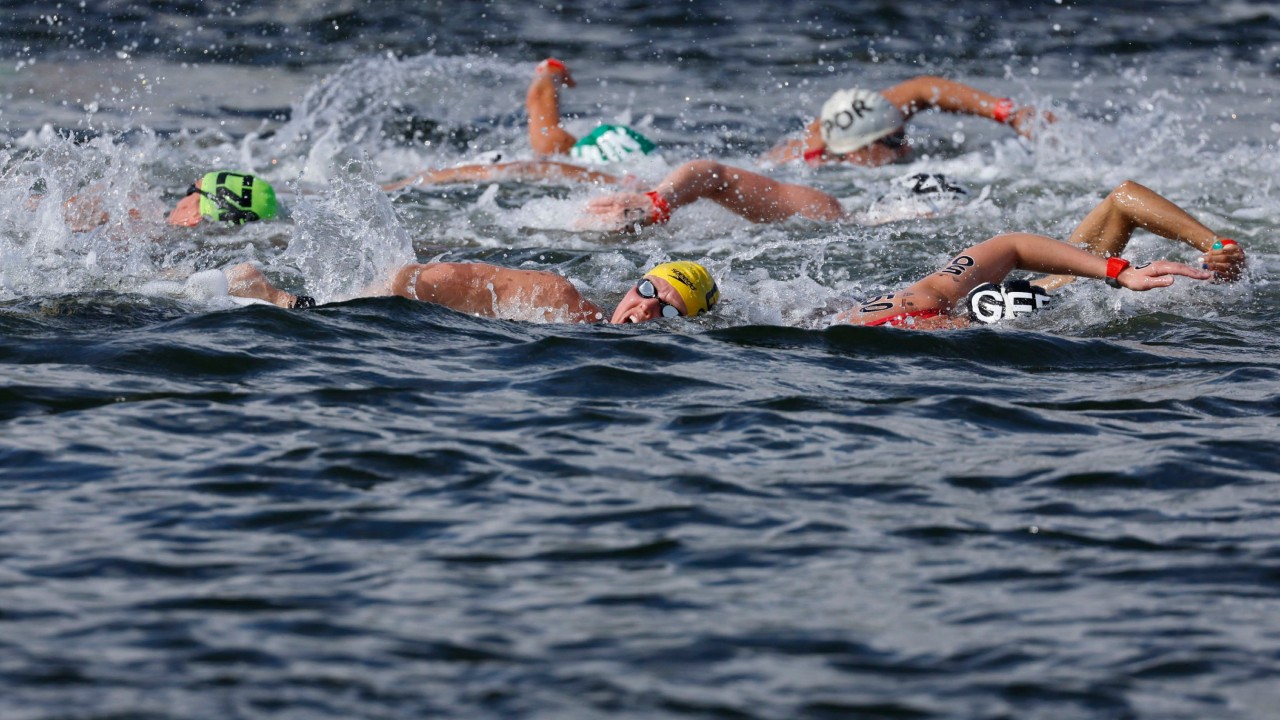 Athletes in action during the women's 10km final during Fukuoka 2023 World Aquatics Championships. Credit: Reuters Photo