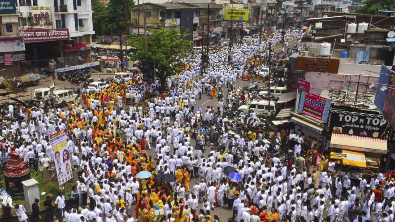 Members of the Jain community stage a protest against the killing of Jain monk Kamkumar Nandi Maharaj in Karnataka, in Jabalpur, Thursday, July 20, 2023. Credit: PTI Photo