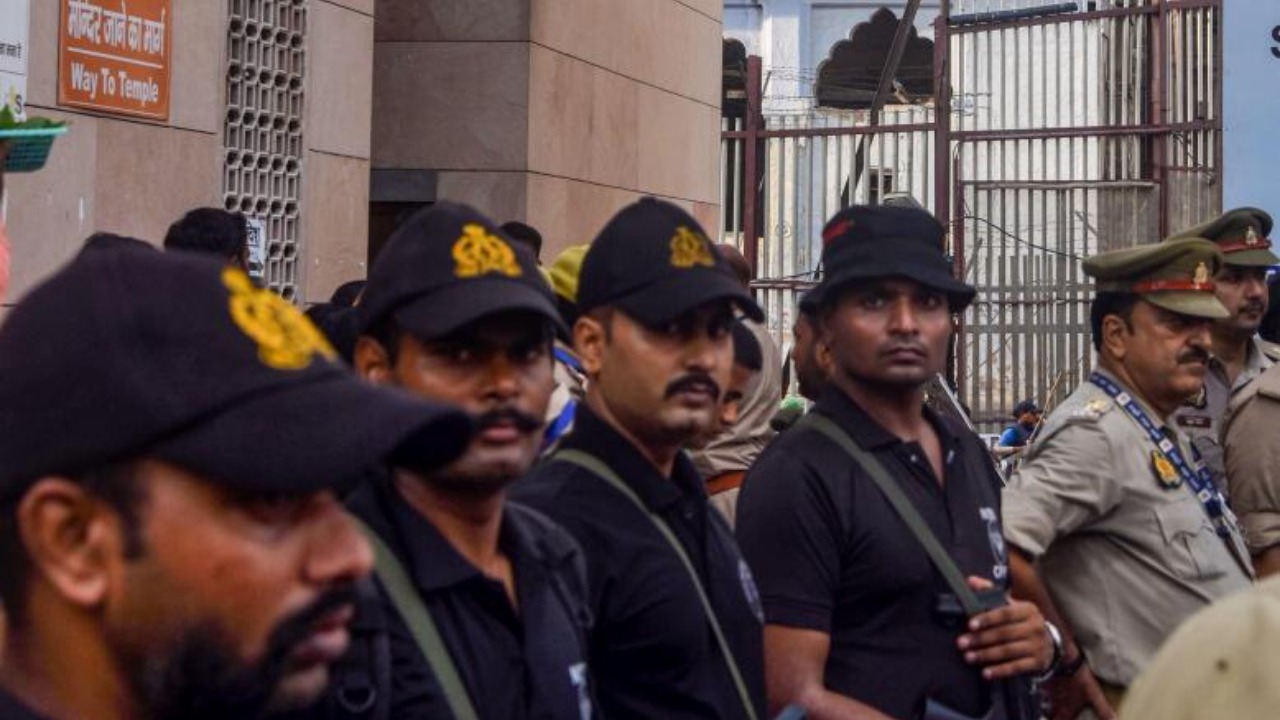 Security personnel stand guard outside the Gyanvapi Mosque complex ahead of a survey by Archaeological Survey of India (ASI), in Varanasi, Monday, July 24, 2023. PTI Photo
