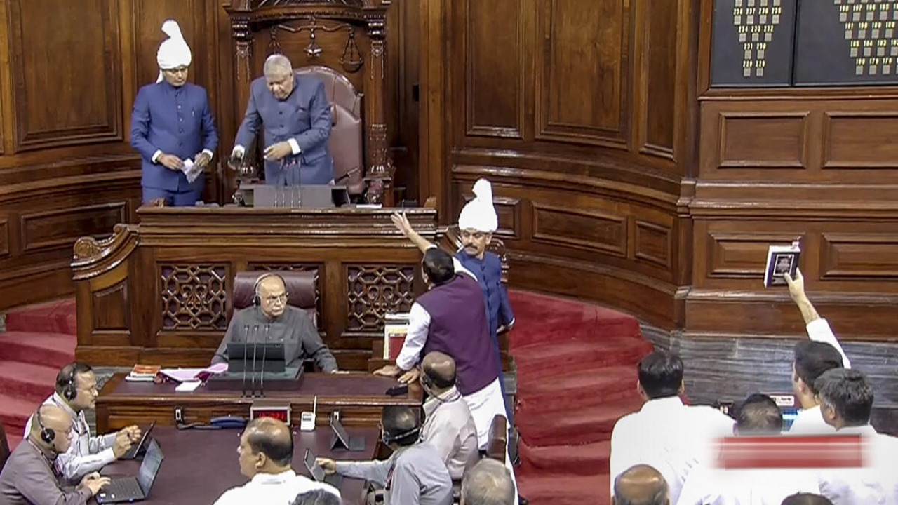 AAP MP Sanjay Singh protests in the well of the Rajya Sabha as Chairman Jagdeep Dhankhar conducts proceedings in the House during the Monsoon session of Parliament, in New Delhi, Monday, July 24, 2023. House Chairman Dhankhar suspended Singh for the remaining duration of the Monsoon session for his