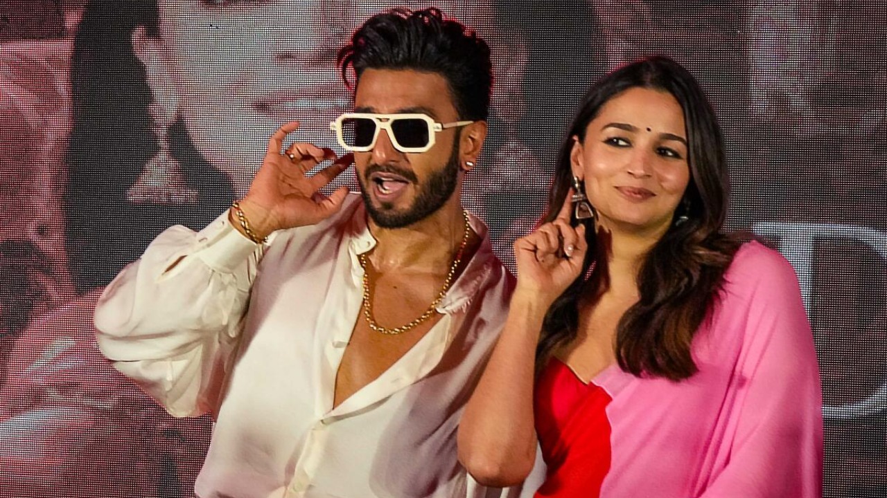 Bollywood actors Ranveer Singh and Alia Bhatt dance during a promotional event for their film 'Rocky Aur Rani Ki Prem Kahani', in Kolkata, Monday, July 24, 2023. PTI Photo