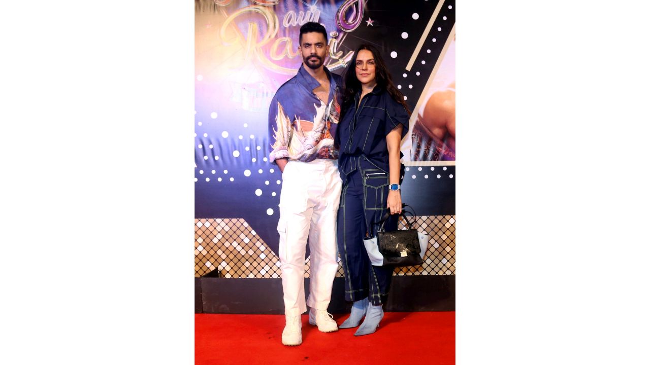 Celebrity couple Angad Bedi and Neha Dhupia graced the special screening of 'Rocky Aur Rani Ki Prem Kahaani' in Mumbai. Credit: PTI Photo