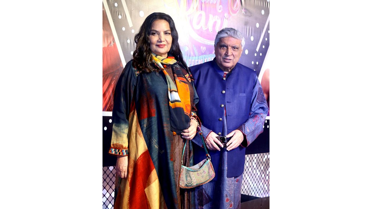 Shabana Azmi and Javed Akhtar pose for a photo as they arrive for the special screening of Bollywood film 'Rocky Aur Rani Ki Prem Kahaani' in Mumbai. Credit: PTI Photo