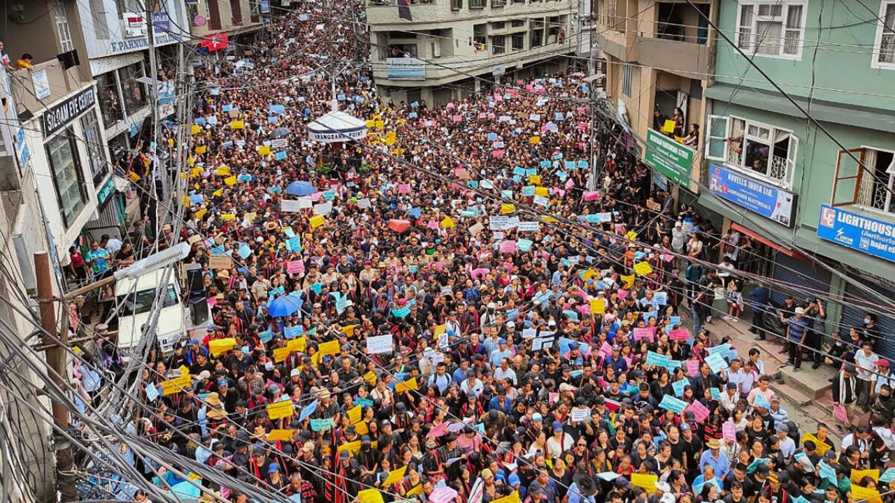 Aizawl: Civil society organisations stage a demonstration to express solidarity with the Zo people in ethnic strife-torn Manipur, in Aizawl, Mizoram, Tuesday, July 25, 2023. Credit: PTI Photo
