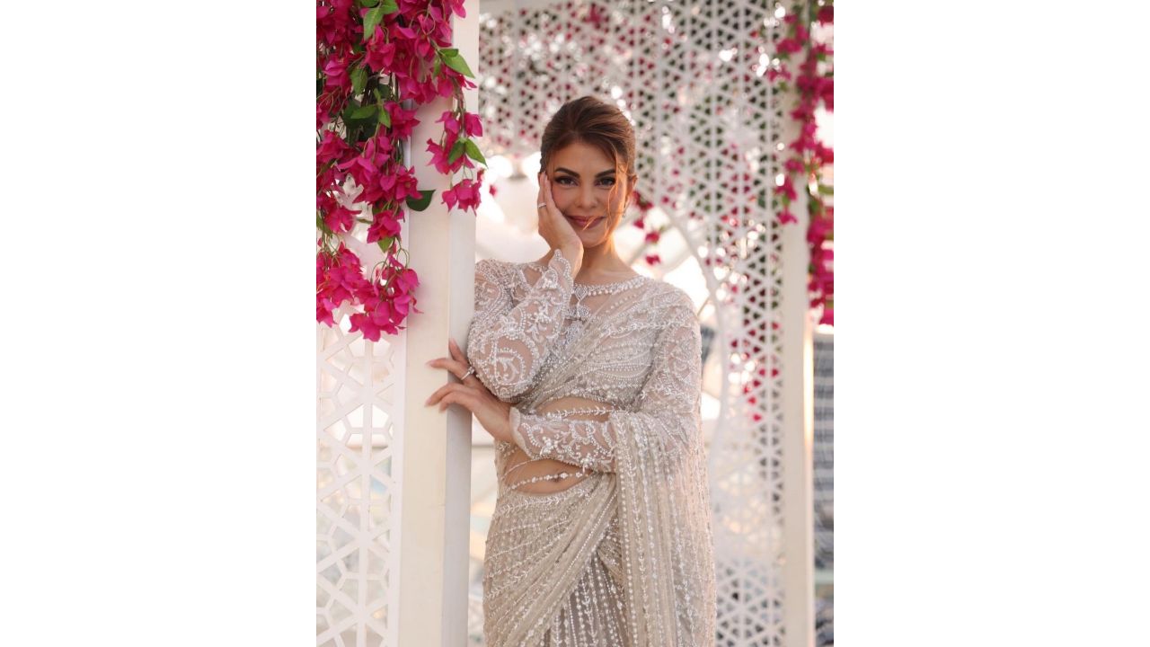 Jacqueline Fernandez wore a lace and sequin saree that exuded sheer elegance. The ethereal white saree was adorned with stunning sequins and beads, creating a captivating pattern across the bodice. Jacqueline let the saree take center stage, opting for a low bun hairstyle and a subtle neutral glam look. Credit: Instagram/@jacquelienefernandez