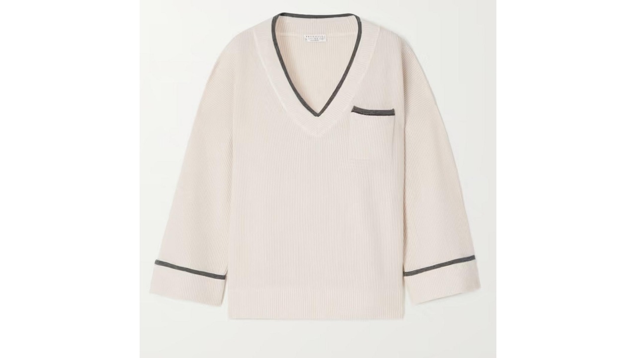 Beaded beauty: Available in white, this ribbed cashmere sweater from Brunello Cucinelli has bead embellishments on it.