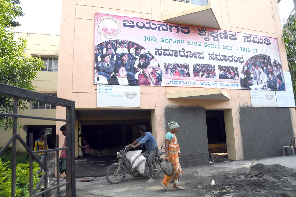 Renovation work in progress at the public library in Jayanagar 5th Block. DH Photo/Srikanta Sharma R