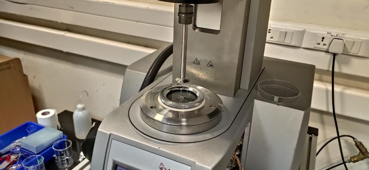 IISc PhD Student Pradip Bera conducts an experiment using a Rheometer on Jan 8, 2019. Researchers at IISc, Raman Research Institute and ETH Zurich have found a novel way to reproduce earthquake effects under lab conditions.