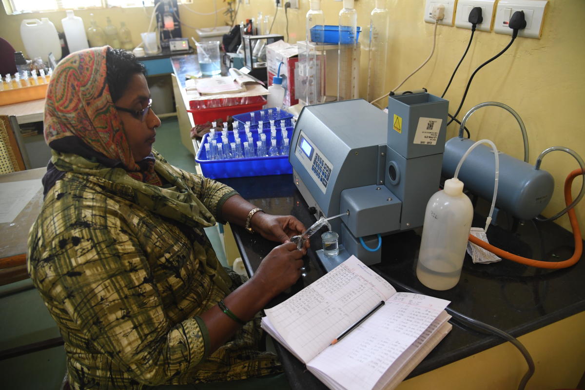 Researchers assessing the nutrient quality of coco pith at the soil testing laboratory of IIHR.