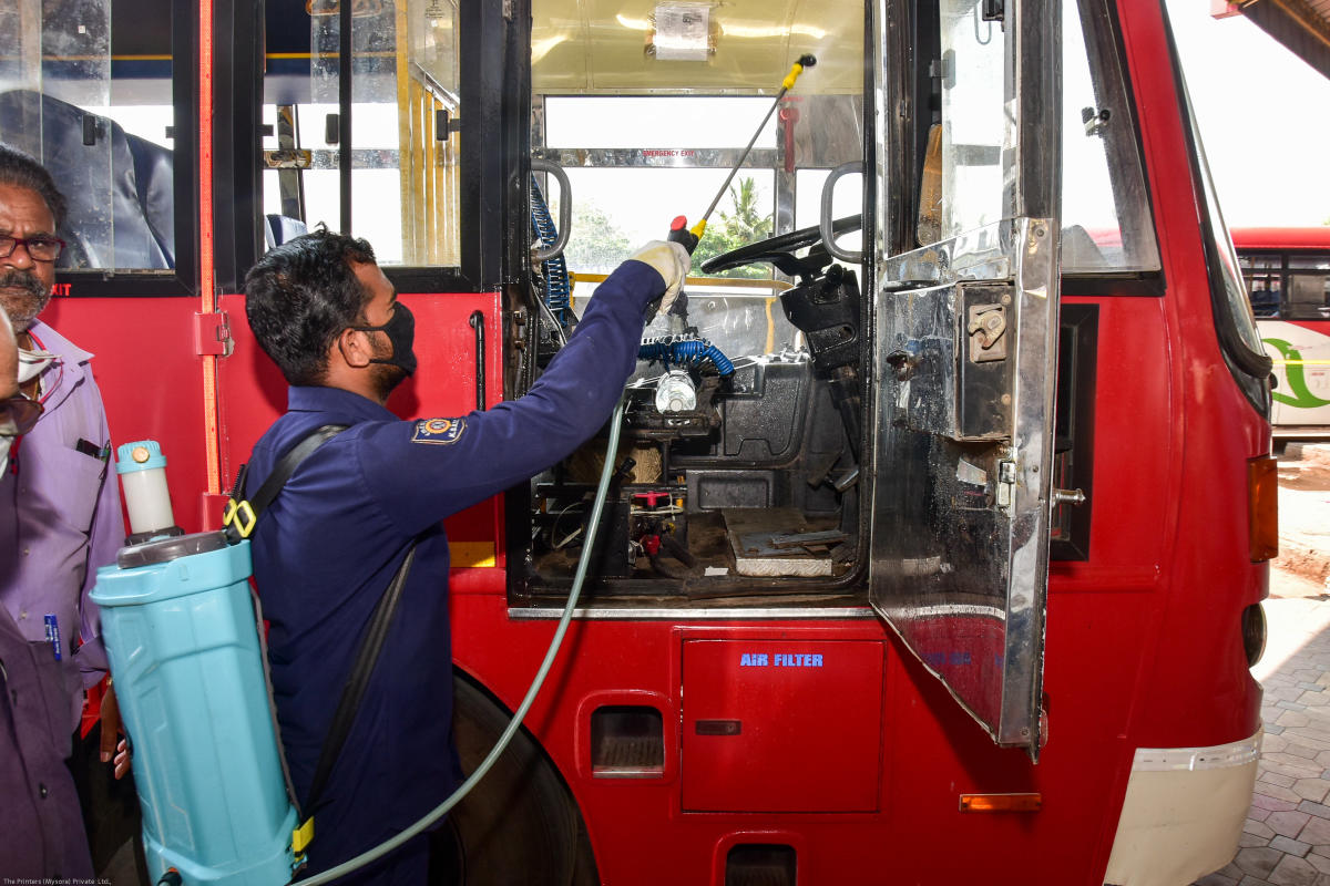 Buses getting disinfected
