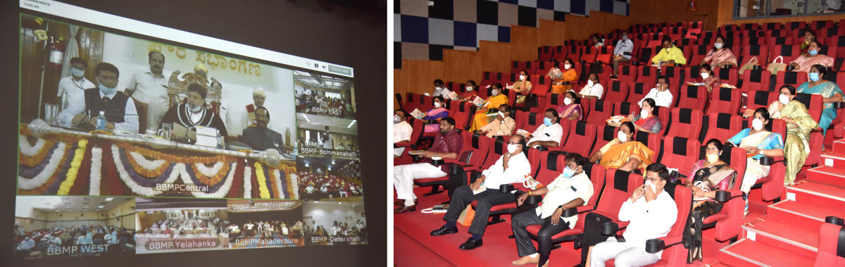 The corporators, MLAs and MLCs follow the live streaming of the Budget at the zonal office, South Division, in NR Colony. DH photo/S K Dinesh