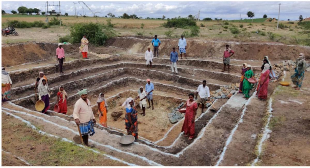 Residents of Mugalolli village of Bagalkot district protest demanding work under MGNREGA; farm pond being constructed in Kushtagi under MGNREGA.