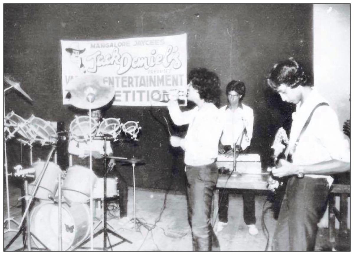 Gurukiran (second from right) at a college competition at Town Hall, Mangalore. Credit: Photo by Special Arrangement