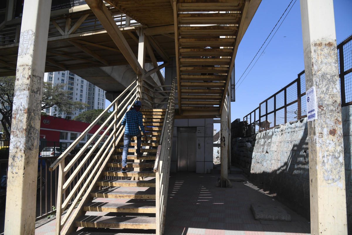 Pedestrians are forced to take the stairs as the lift at this skywalk in Yeswanthpura is non-functional.