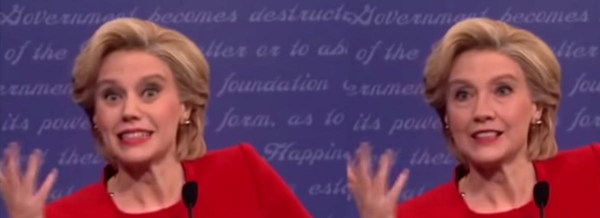 Actor Kate McKinnon (left) appears on an American TV show in comedy sketches, where she plays Hillary Clinton. YouTube channel Derpfake took a clip from the show, transposed Hillary's face on it, and uploaded it with full disclosure.