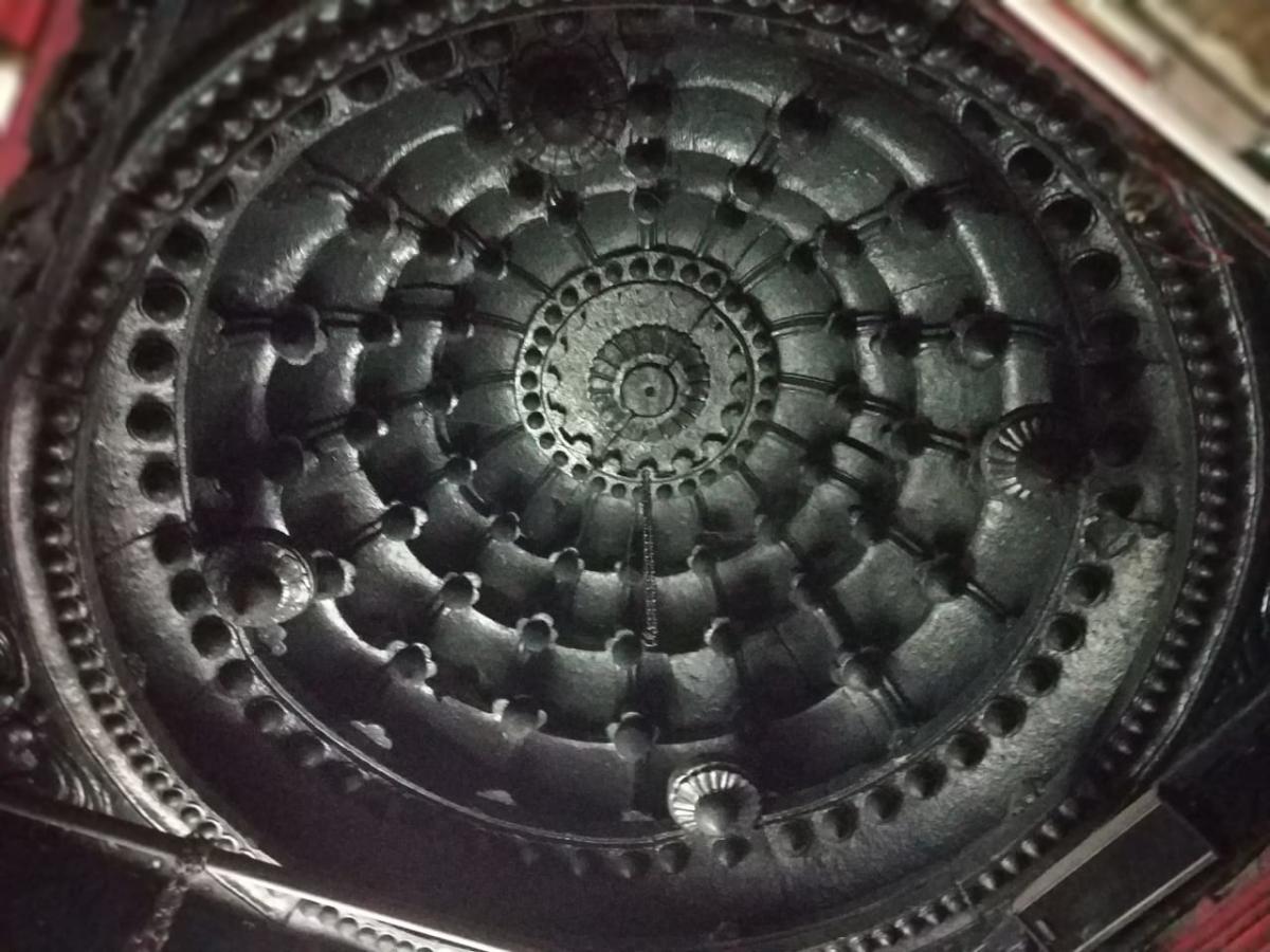 The carved ceiling of the Narayan Temple at Sankeshwar. 