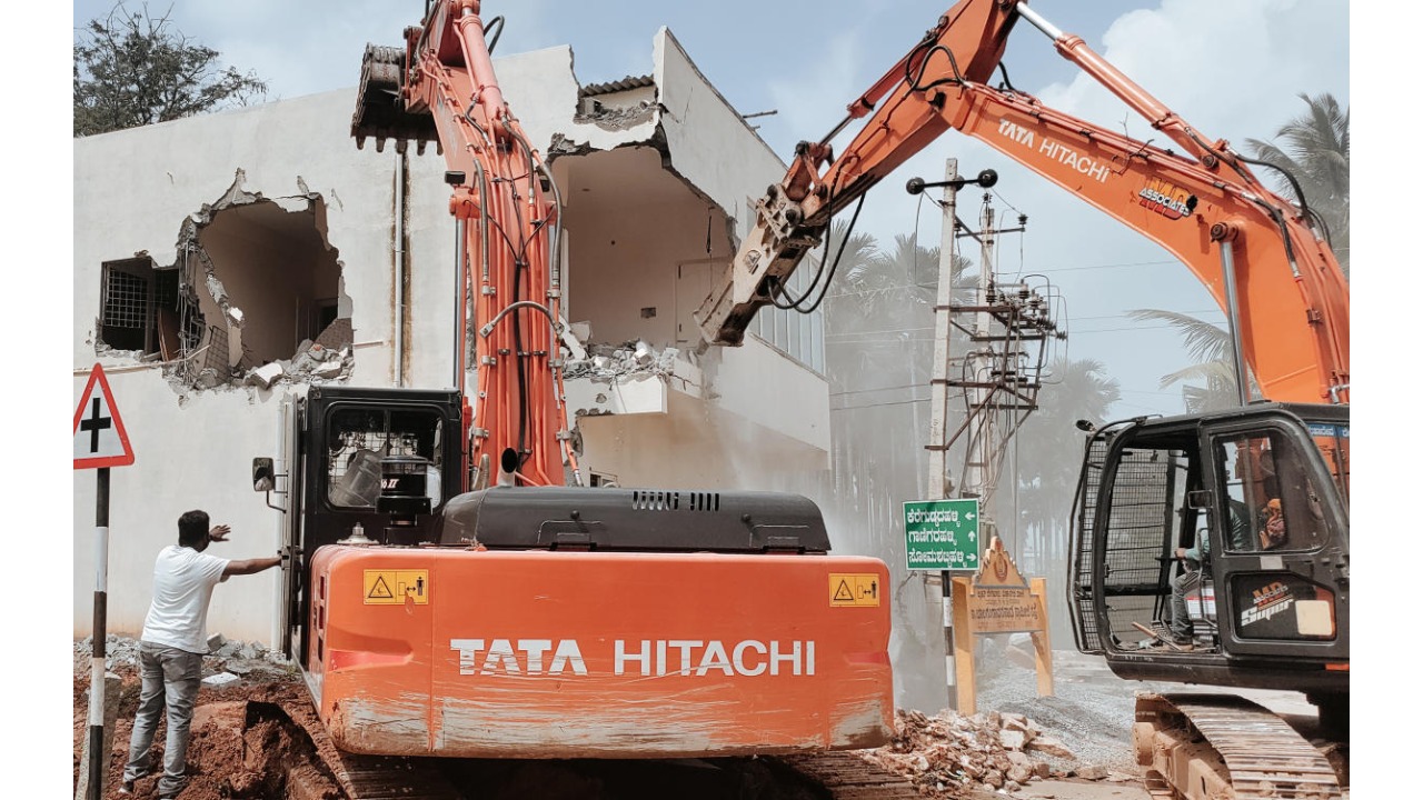 One of the four RCC buildings pulled down by the BDA in Dr Shivaram Karanth Layout near Dasarahalli on Monday.