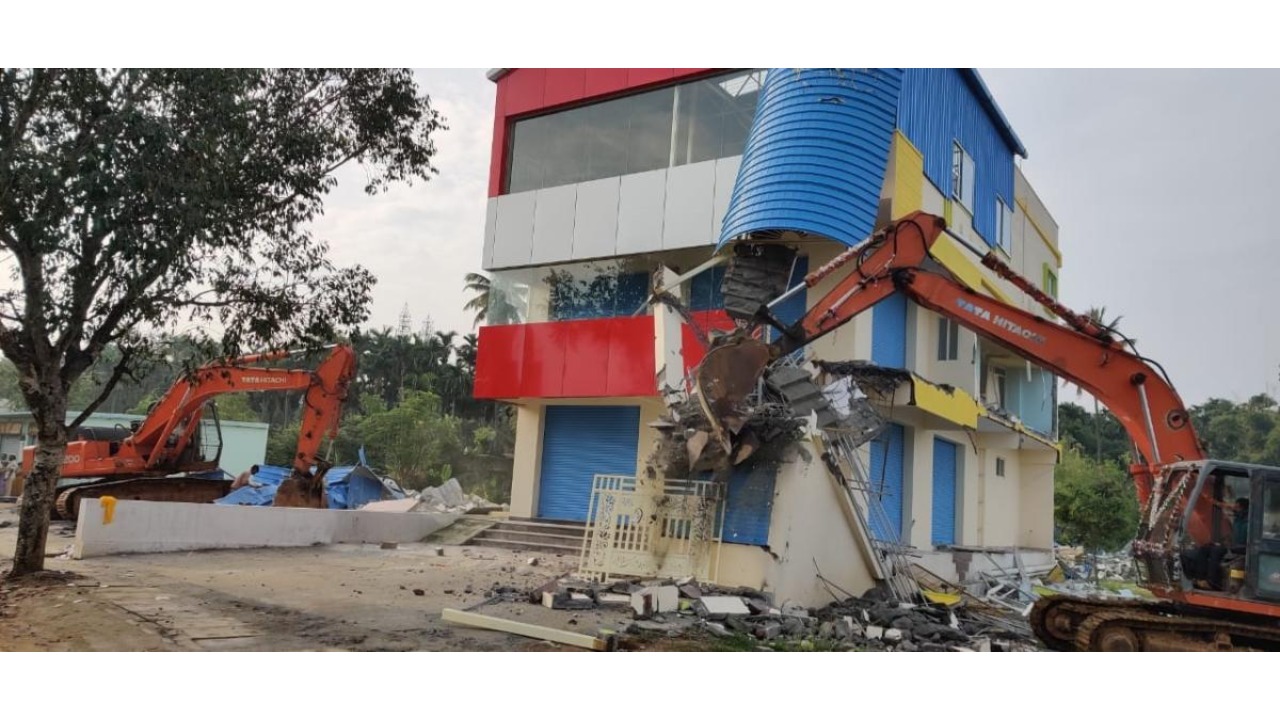 One of the four RCC buildings pulled down by the BDA in Dr Shivaram Karanth Layout near Dasarahalli on Monday.