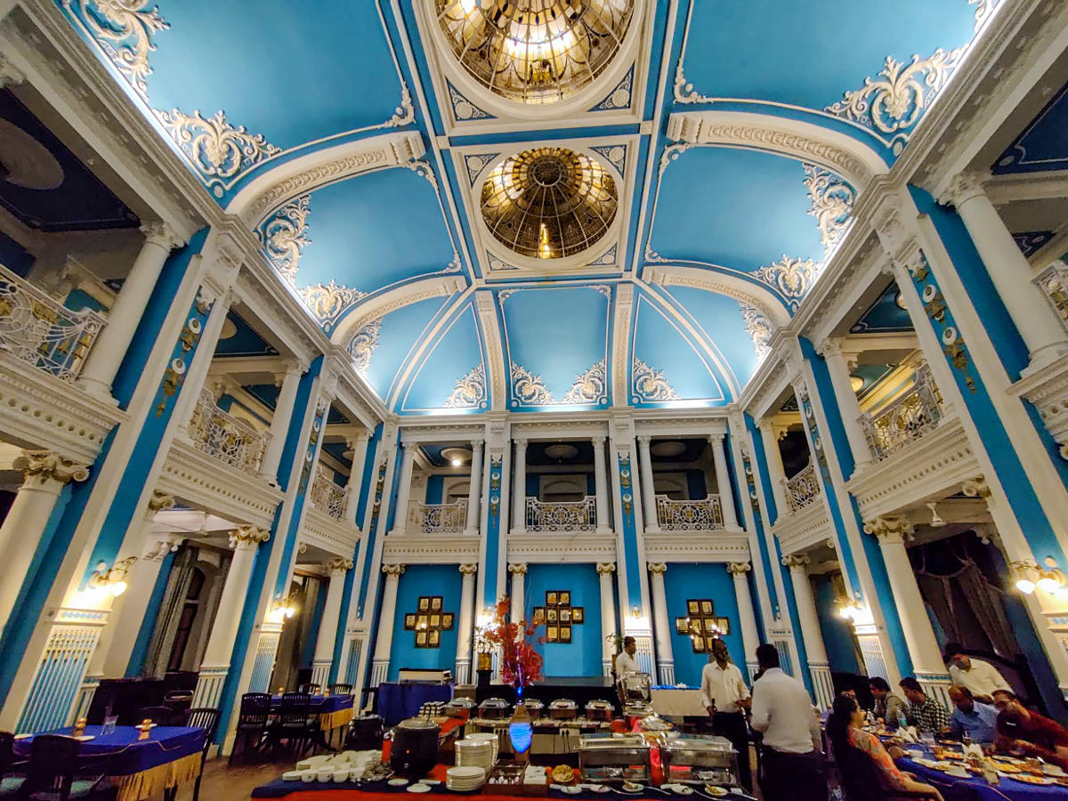 The lavish banquet hall  with the stained glass roof. PTI Photo