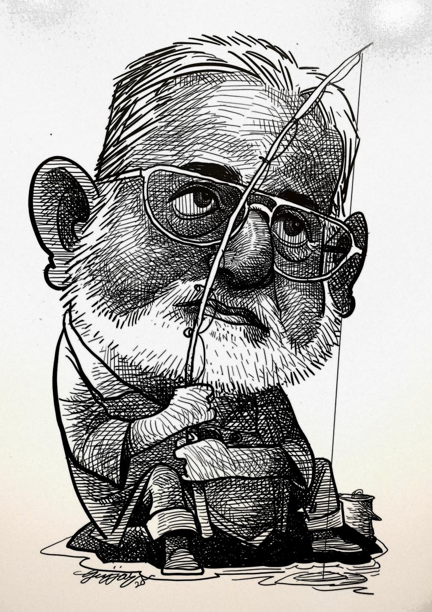 A caricature of Poornachandra Tejaswi by Gujjarappa on display at the Indian Cartoon Gallery in Bengaluru. 