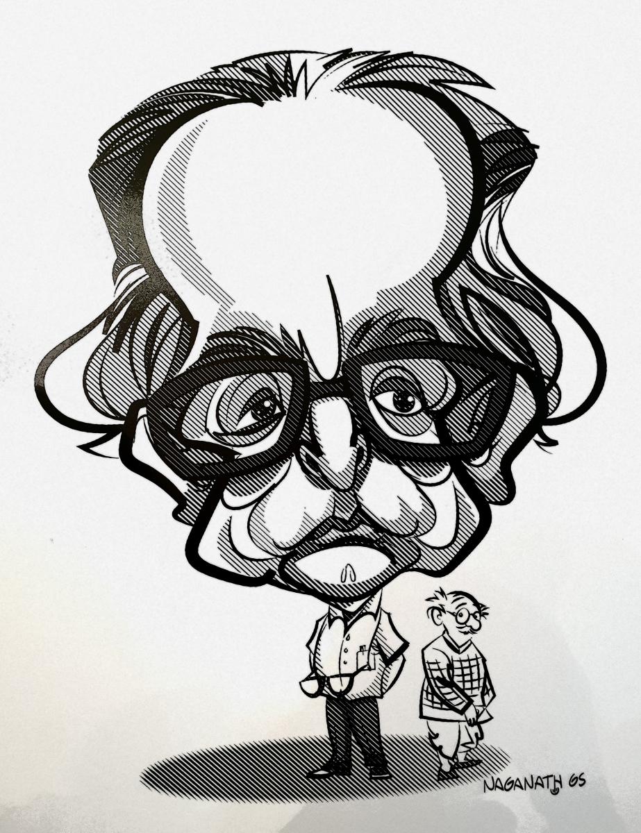 A caricature of R K Laxman and his Common Man by veteran cartoonist G S Naganath on display at the Indian Cartoon Gallery in Bengaluru. 