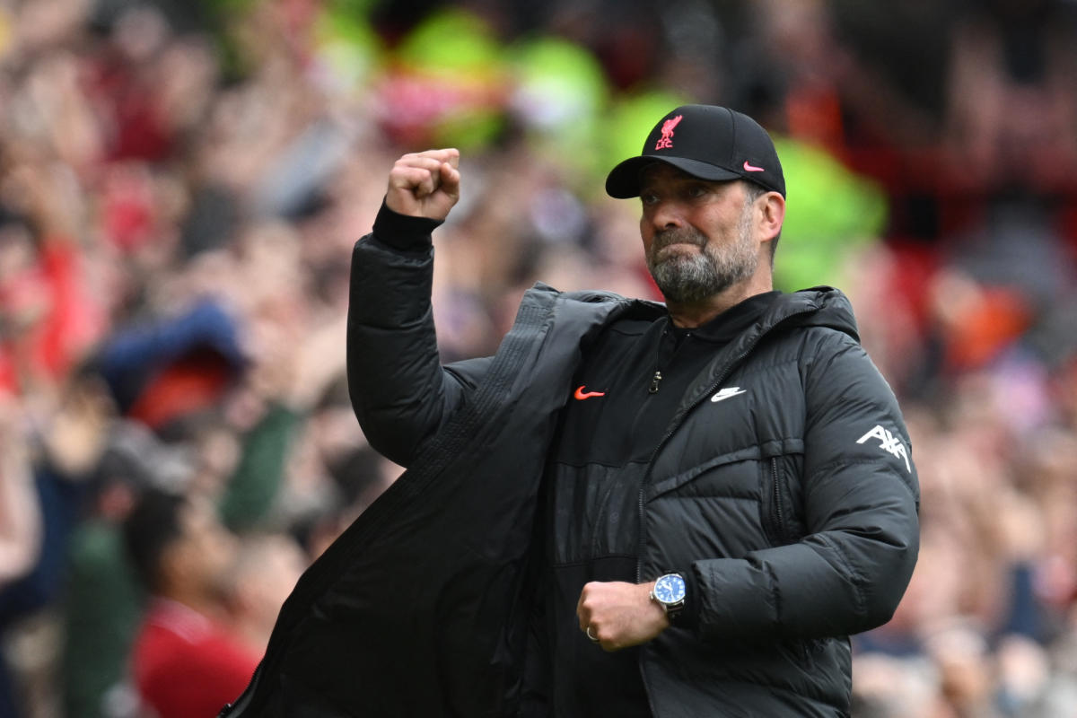 Liverpool's German manager Jurgen Klopp celebrates after Liverpool's Senegalese striker Sadio Mane scored his team first goal during the English Premier League football match between Liverpool and Wolverhampton Wanderers at Anfield in Liverpool, north west England on May 22, 2022. Credit: AFP Photo