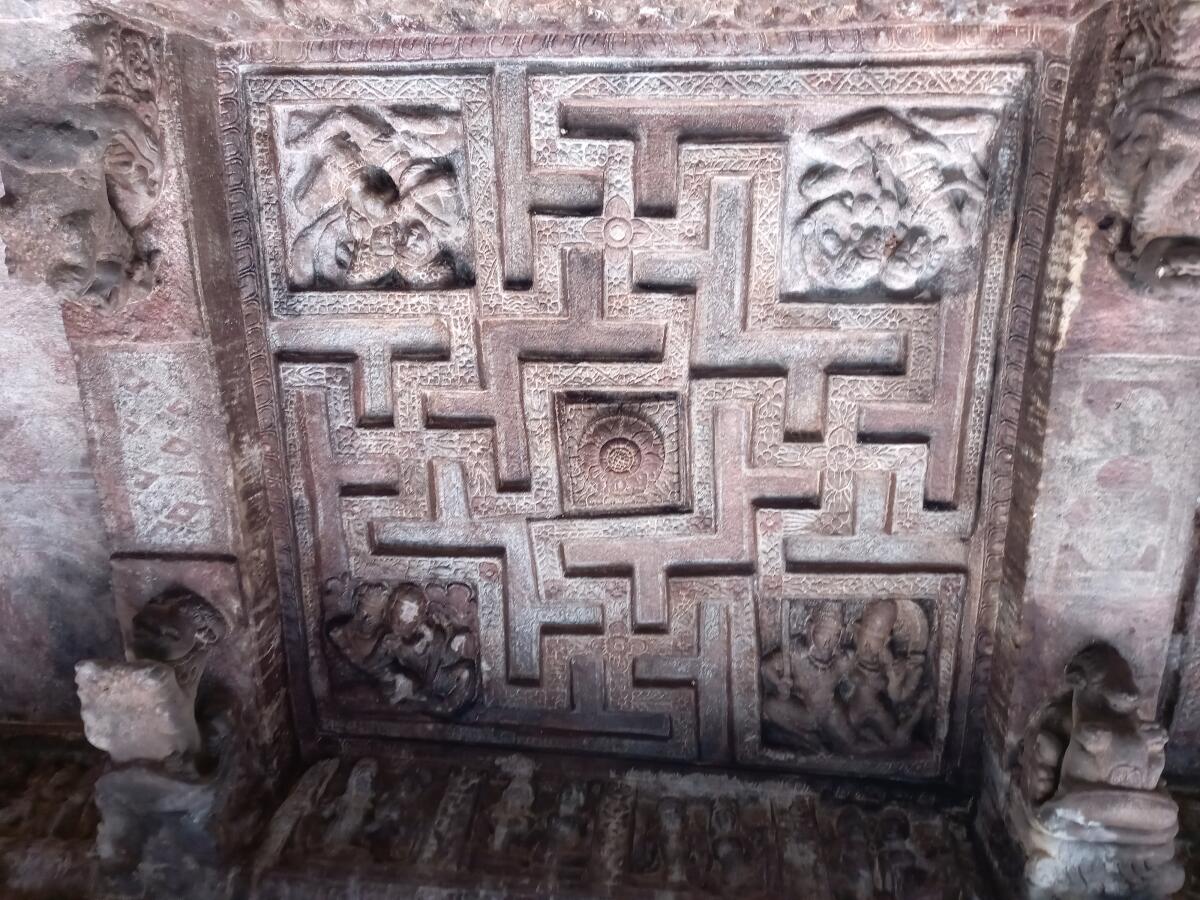 The Nandyavarta Swastika ceiling at cave number 2 at Badami.
