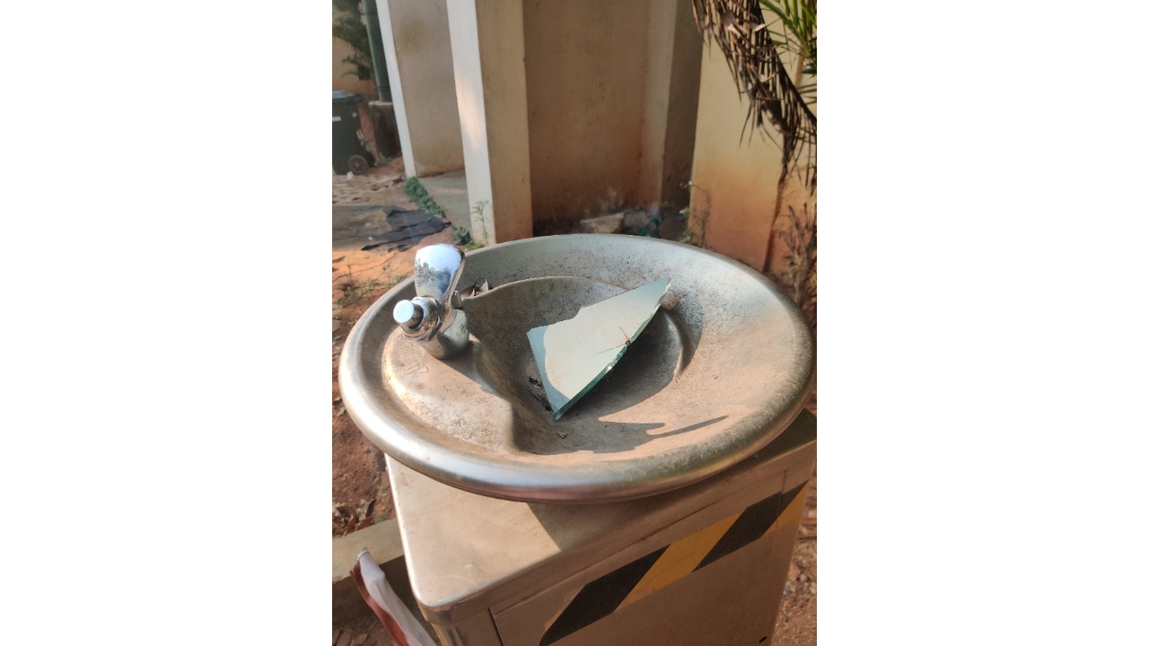 Tumblers and the water dispenser located right at the entrance were found dirty and rusty.
