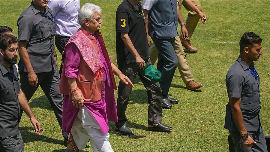 <div class="paragraphs"><p> J&amp;K Lt. Governor Manoj Sinha during an event organised under 'Meri Maati, Mera Desh' campaign at Sher-e-Kashmir Cricket Stadium, in Srinagar, Sunday, Aug. 13, 2023.</p></div>
