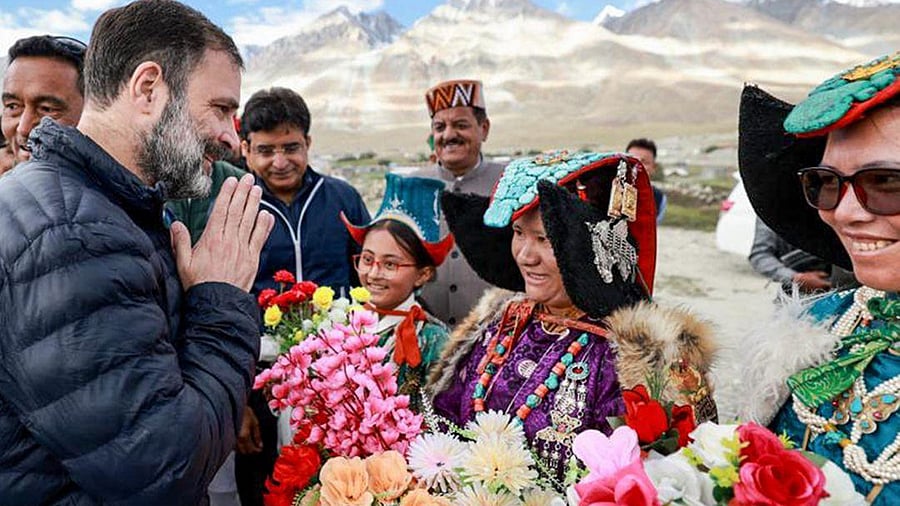 <div class="paragraphs"><p>Congress leader Rahul Gandhi during a prayer meeting for former prime minister Rajiv Gandhi on his 79th birth anniversary near Pangong Lake, in Leh. </p></div>