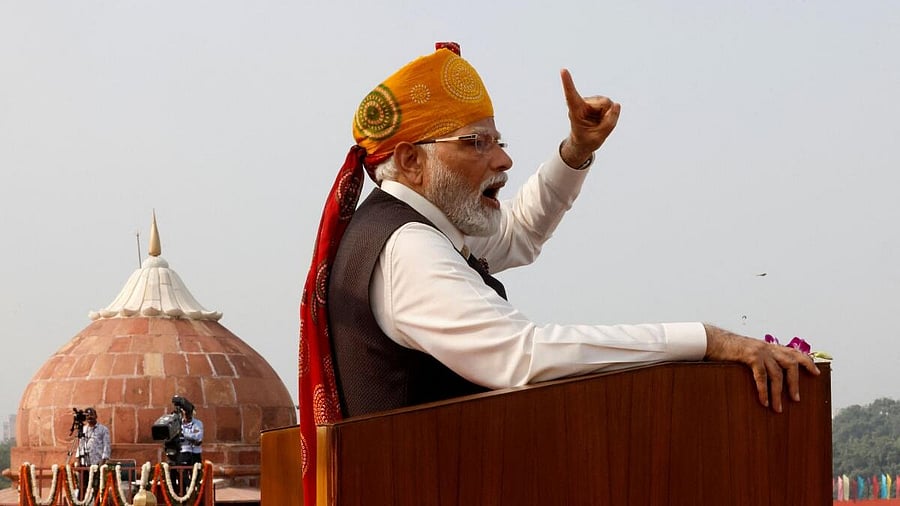 <div class="paragraphs"><p>PM Modi addresses the nation during Independence Day celebrations at the historic Red Fort in Delhi. </p></div>