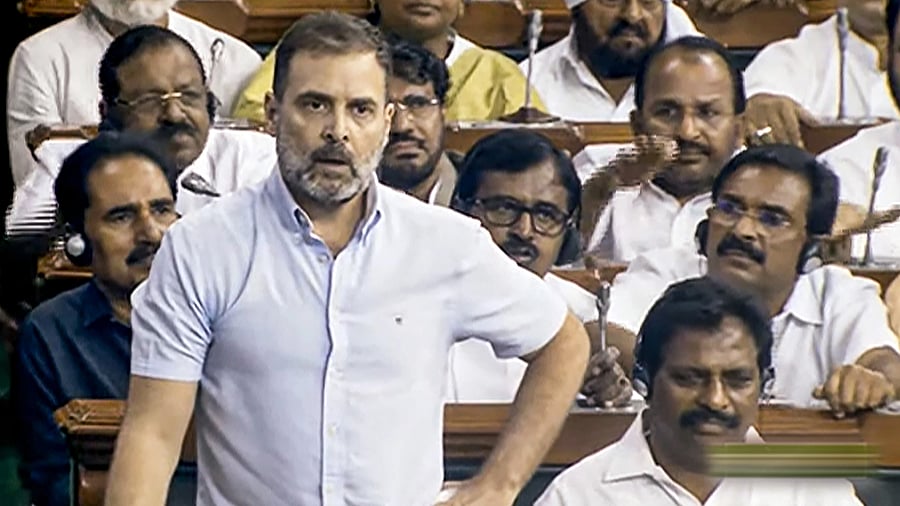<div class="paragraphs"><p>Congress MP Rahul Gandhi speaks during a discussion on the Motion of No-Confidence in the Lok Sabha during the ongoing Monsoon session of Parliament, in New Delhi, Wednesday, August 9, 2023. </p></div>
