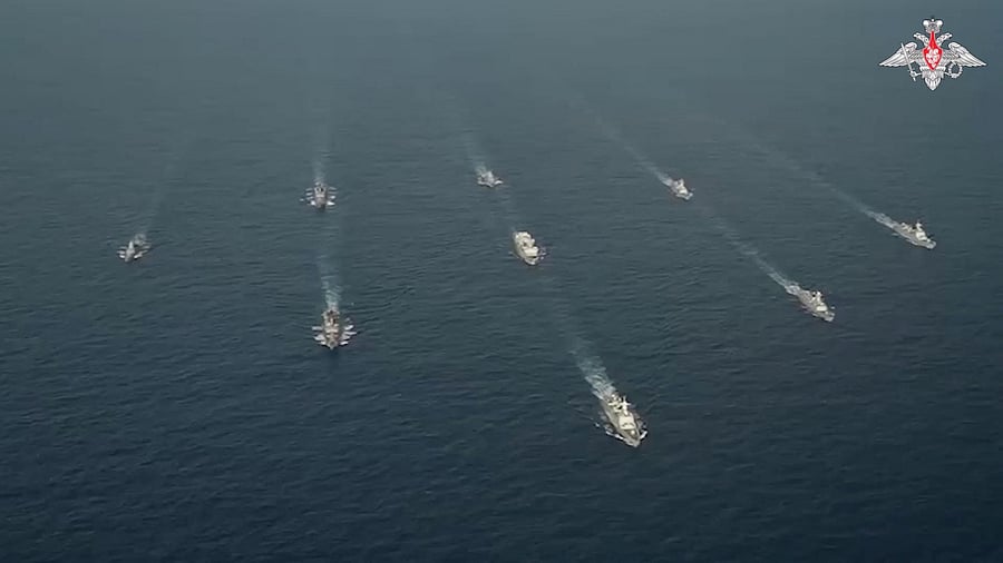 <div class="paragraphs"><p>A still image from a video, released by Russia's Defence Ministry, shows what it said to be Russian and Chinese navy ships jointly patrolling the Pacific Ocean and holding naval exercises in the East China Sea, in this image taken from footage released August 18, 2023.  </p></div>