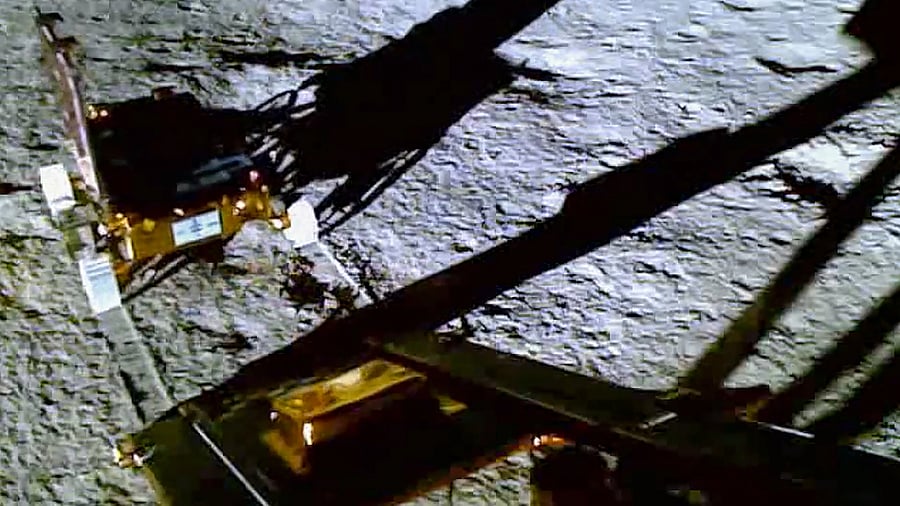 <div class="paragraphs"><p>Rollout of rover Pragyan of ISRO's Chandrayaan-3 from the lander Vikram to the lunar surface, as observed by Lander Imager Camera, on Aug 23.</p></div>