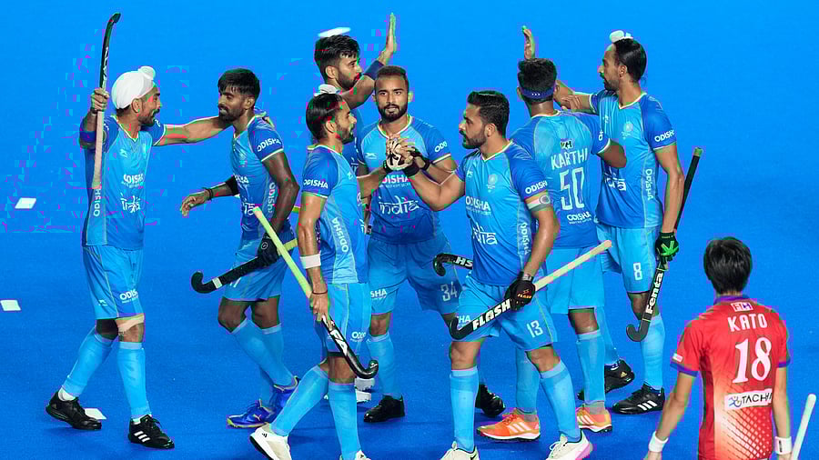 <div class="paragraphs"><p>India's Akashdeep Singh celebrates with teammates after scoring a goal during the 2nd Semi-final of Asian Champions Trophy 2023 hockey match between India and Japan, at Mayor Radhakrishnan Hockey Stadium, in Chennai, Friday, Aug. 11, 2023.</p></div>