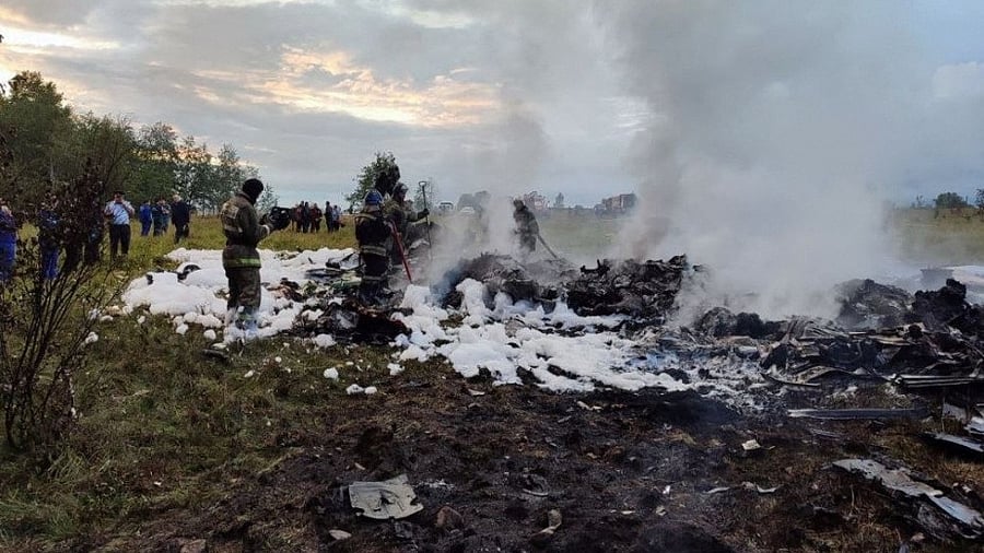 <div class="paragraphs"><p>Firefighters work amid aircraft wreckage at an accident scene following the crash of a private jet in the Tver region, Russia, August 23, 2023. Yevgeny Prigozhin, chief of Russian private mercenary group Wagner, was reportedly listed as a passenger on a private jet which crashed north of Moscow on August 23, 2023.</p></div>